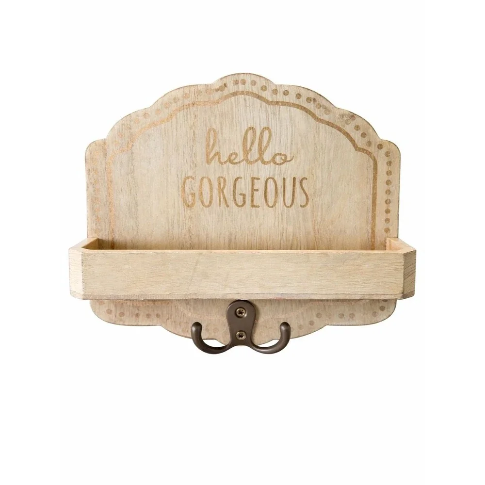 Hello Gorgeous Wall Hook Shelf Rustic Key Holder Jewelry Organizer Wood Entryway